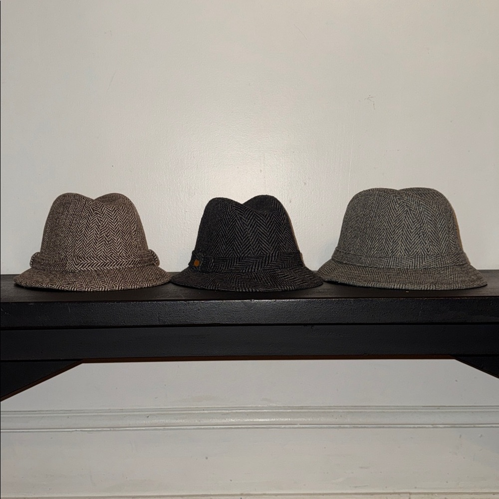 3 Vintage Wool Herringbone Fedora Hats | Totes & Union‎ Made | Brown, Navy, Gray